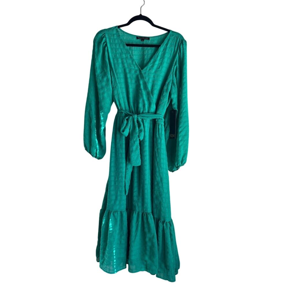 Ryan Michelle Emerald Green Wrap Dress XL NWT Belted Tiered Midi